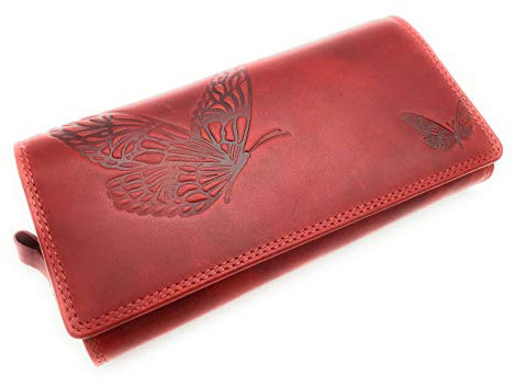 Jockey Club echt Leder Geldbörse lang Portemonnaie Geldbeutel Sauvage Leder mit RFID Schutz Schmetterling (Rot)