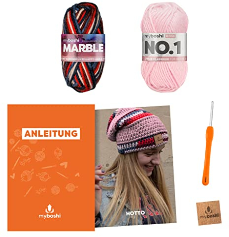 myboshi Häkelset Beanie Hotto, ink. Marble und No.1 Wolle, Nadel und Anleitung, für Mütze und Schal, Häkelpaket, 30% Merinowolle Rosa, mit Häkelnadel