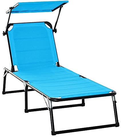 Outsunny Bain de Soleil transat Pliable Grand Confort Dossier Pare-Soleil réglables Multi-Positions Aluminium textilène Bleu