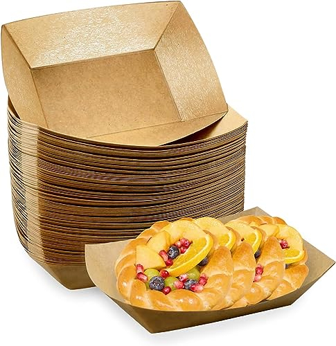 Oomcu 100 Pack 3 lb Heavy Duty Disposable Kraft Brown Paper Food Trays,Recyclable Eco-Friendly Take Out Food Serving Boats Baskets Trays for Party Snacks French Fries Nachos Hot Dogs Tacos BBQ