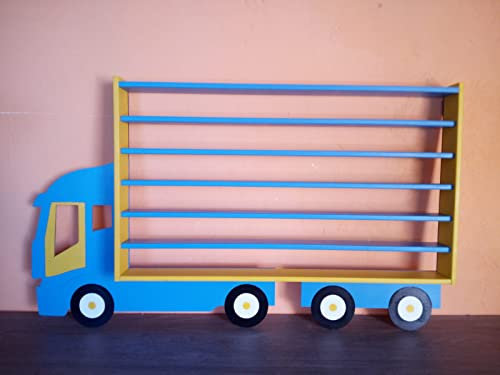 Sanmar Handgearbeitete Aufbewahrung Spielzeug Auto Regal, Holz Streichholzschachtel Auto Regal, LKW-Design, groß, Premium-Qualität, Kinderzimmer Dekor (Blau, Ohne den Namen)