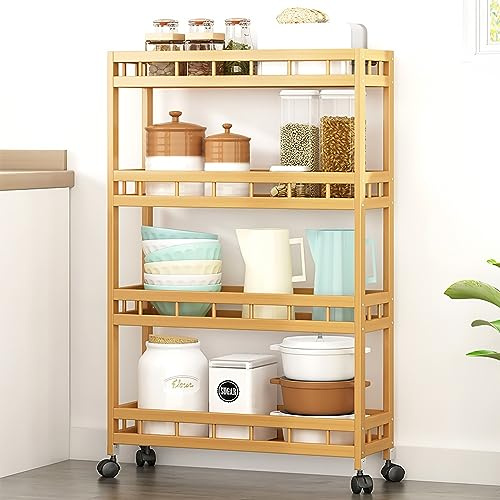 TIE-DailyNec 4-Tier Bamboo Kitchen Rolling Cart Removable Wood Trolley Island Cart, Utility Cart Multi-Layer Storage Shelf Rack on Wheels (23.6 L X 7.1 W X 37.8 H)