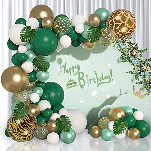 NeuWee Dschungel Geburtstag Dekoration, Jungen Safari Geburtstagsdeko Tiermuster Grün Luftballons Girlande mit Palmblättern für Dschungel Party Deko Geburtstag Safari Party Dekoration