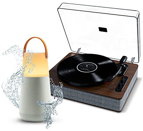 ION Audio Luxe LP + Bright Max - Giradischi Vinili Bluetooth con Casse, Uscita Cuffie e 3 Velocità + Cassa Bluetooth Portatile a 360° con Luci, Suoni d’Atmosfera, Multi-Sync e Batteria Ricaricabile