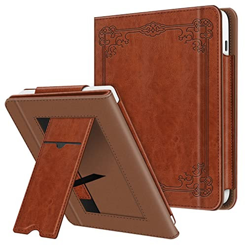 Fintie Hülle für Tolino Vision Color (2024)/Vision 6 (2021) & Kobo Libra Colour (2024)/Libra 2 (2021) 7 Zoll - Kickstand Hülle mit Kartenfach Handschlaufe und Auto Sleep/Wake, Vintage Braun