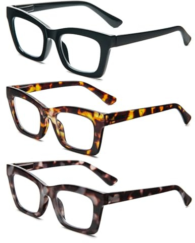 MMOWW 3 Pacco Occhiali da Lettura Donna Rettangolari - Oversize Square Frame Anti Luce Blu Occhiali +1.5
