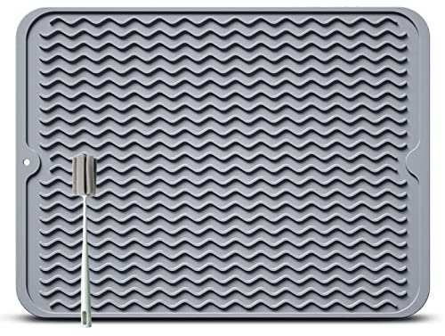 Silikon Abtropfmatte für Geschirr - 50 x 40 cm Abtropfmatte für Geschir, BPA-frei, Geschirr Trockenmatte, Hitzebeständig, Rutschfest, Spülmatte Abtropfunterlage mit Bürste (Light grey, 50 x 40 cm)