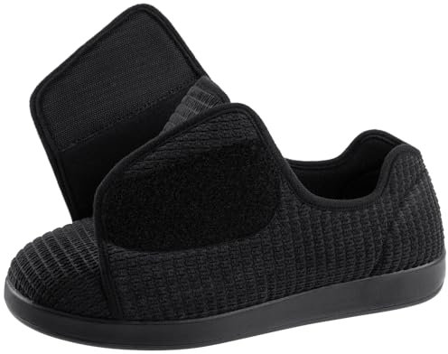 Ravelier Scarpa Pantofole da Uomo, Ampiezza Adattabile, Antiscivolo, Comfort per Diabetici con Chiusura Regolabile a Strappo, 42 EU, Nero