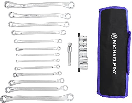 MichaelPro MP001212 19-teiliges Bolzenausdreher-Schraubenschlüssel und gepolsterte Griff-Stecknüsse-Set (SAE und metrisch), gestreift, dünne Bolzen- und Mutternentferner