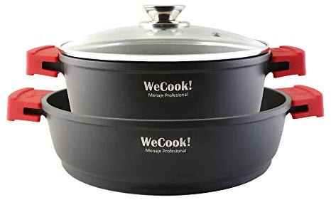 WECOOK! Ecostone Batería Cocina Inducción 4 Piezas, Aluminio Fundido 5mm, 2 Ollas, Antiadherente XTRA DUPON sin PFOA, Set Cazuelas Tapas Cristal, Asas Silicona, Vitrocerámica, Gas, Stone2AB, Negro