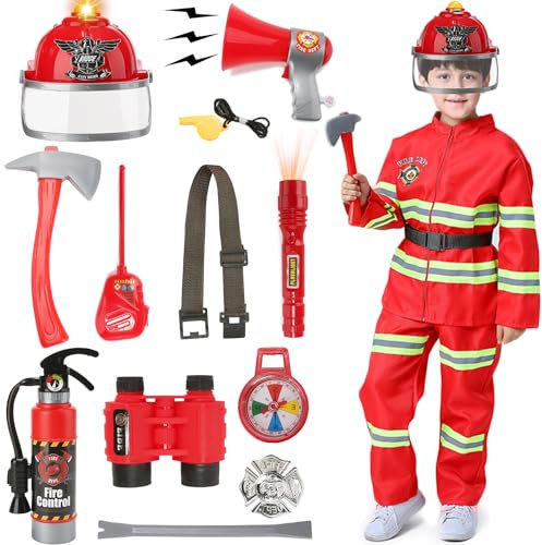 G039S Costume de Pompier pour Enfants avec 14 Accessoires - Extincteur à Eau, Casque - Carnaval, Halloween, Héros - 3-12 Ans