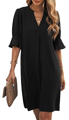 Famulily Womens Casual Rüschen Ärmel Shift Über Knie Kleid Damen Plissee Tunika Kleider Schwarz XXL
