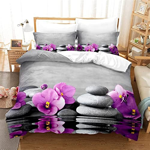 RADEMA Copripiumino Matrimoniale 260x240 Zen Stampa 3D Set Copripiumino Orchidea Viola Morbido Microfibra Biancheria da Letto Pietre, Copripiumone con 2 Federe con Cerniera