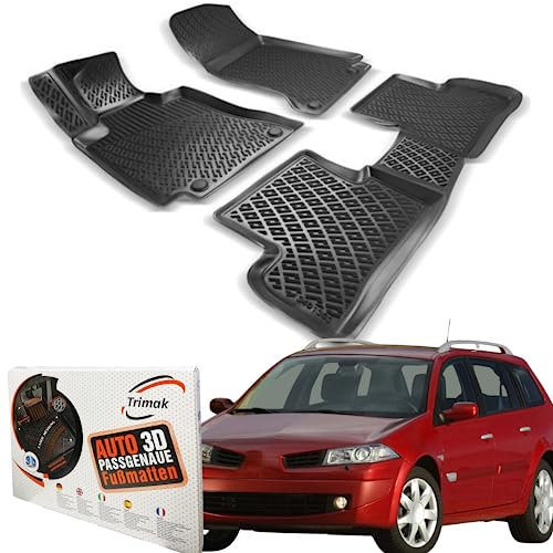 Trimak Passgenau 3D Fussmatten Auto Kompatibel mit Renault Megane 2 Gen 2002-2009 Auto Zubehör 1. und 2. Reihe Gummimatten Autos TPE Allwetter Geruchlos rutschfest Vorne und Hinten Schwartz
