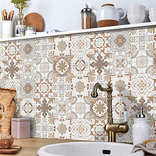 Piastrelle Adesive Cucina Marrone Beige Marocco Pavimento Pvc Adesivo Impermeabile Piastrelle Adesive Bagno Adesivi Murali Cucina Mattonelle Adesive Decorazione 20x20cm/24 Pezzi