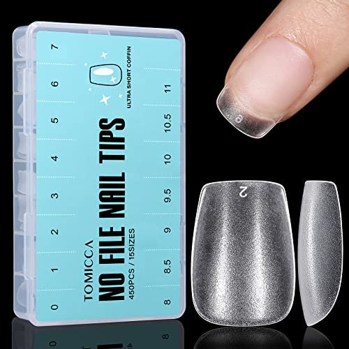 TOMICCA Extra Short Coffin Nail Tips, 450PCS Matte Clear Nail Tips Kit for Soak Off Nail Extension, Soft Gel Full Cover Nail Tips Fake Nails Tips with Box for Nail Art Salon and Home DIY, 15 Sizes