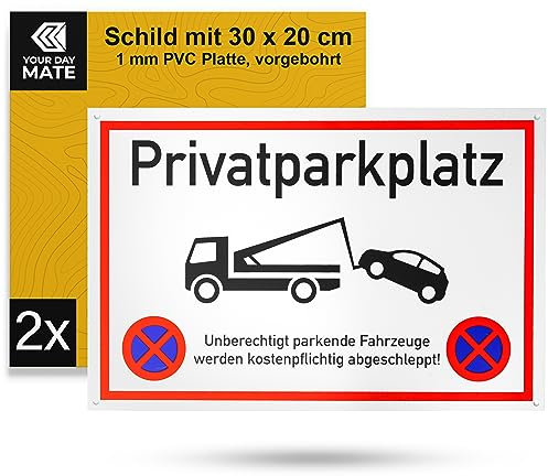 Hinweisschild Privatparkplatz, 2 Stück, 30 x 20 cm, 1 mm starkes PVC Schild mit Bohrlöchern, Parkverbots-Warnschild für Innen- und Außenbereich, Fahrzeuge werden kostenpflichtig abgeschleppt
