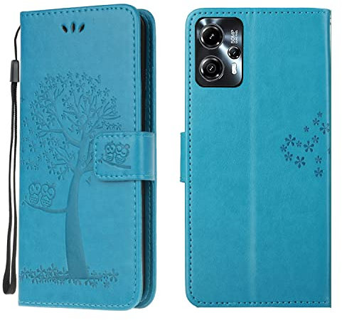 Motorola G13/G23/G53 Case Leather Wallet Flip Folio Magnetic Clasp Stand View Bookstyle Cases for Moto G13/G23/G53 Phone Case Cover Shockproof Cute Owl & Tree Pattern, Blue