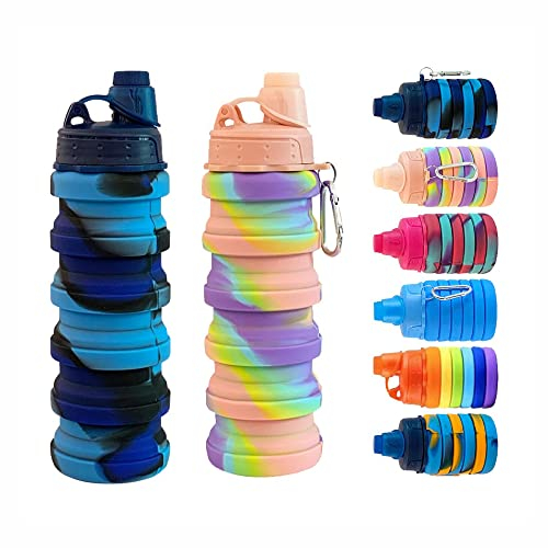 konlongzan Collapsible Water Bottles 2 pack Travel Water Bottle Portable Hiking Water Bottle with Leak proof 500ML Reusable BPA Free Silicone Water Bottles. (Blue Camouflage +Pink)