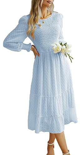 AILLOSA Women's Casual Dress Long Sleeve Loose Solid Color Dress Long Autumn Winter Dresses Swing Dress for Women 2023NEW Blue (CGFD085020CA-Blue-L)