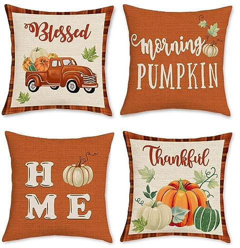 Bonhause 4er Set Kissenbezüge Herbst Kürbis 45 x 45 cm LKW Orange Polyester Leinen Dekorative Kissenhülle Zierkissenbezüge für Sofa Schlafzimmer Zuhause Dekoration
