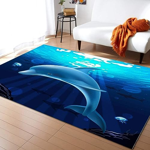 TEMLAN Blaue Meeresdelfinqualle Teppiche Gegend, Cartoon-Meerestiere Kinderteppich für Drinnen und Draußen Terrasse Balkon Garten Wohnzimmer 80 x 150cm