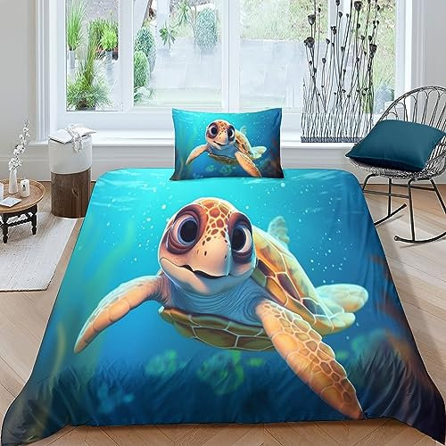 AYSUM Turtles Bettwäsche Gebürstet Microfaser sea Turtles Bettbezug + Kopfkissenbezug Mit Reißverschluss Bettdeckenbezug Erwachsene Duvet Cover Set Kinder Single(135x200cm)