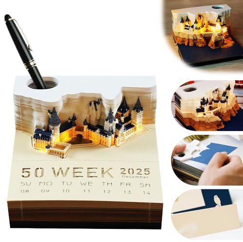 3D-Notizblock, 2025 Schreibtisch Kalender 3D Memo Pad Papier mit Licht und Stifthalter 3D Magic Castle Wochenkalender Notizblock,Papierskulptur,Schnitzen Reißbar Kreative Memo Kalender für Dekoration