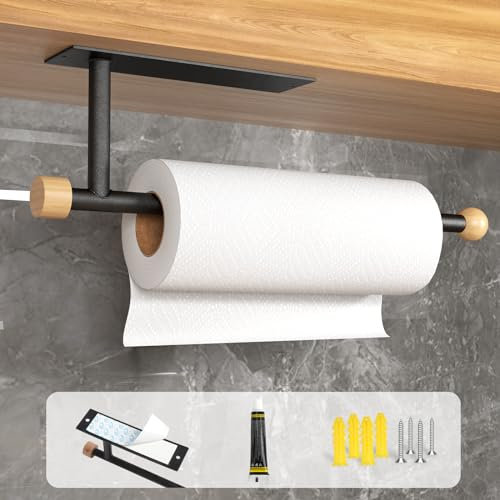 Zivacate porte essuie tout, [Accents Esthétiques en Bois] Auto-adhésif/perçage, range papier toilette, support essuie tout mural, porte-serviettes en papier (Noir Mat)