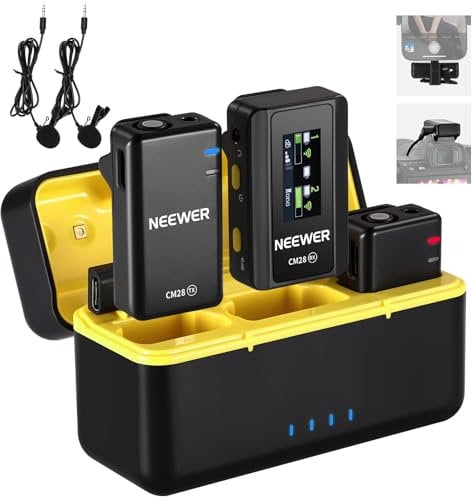 NEEWER CM28 Sistema Micrófono Inalámbrico Lavalier con Estuche, 2 Clips, Reducir Ruido con 1 Clic, Almacenamiento 4GB, Reproducción 9H, Micrófono de Solapa Compatible con iPhone/Android/PC/Cámara