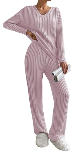 Famulily Ensemble de pyjama 2 pièces côtelé pour femme - Tenue de détente - Vêtements d'intérieur - Col en V - Manches longues - Pantalon large avec poches, rose, M