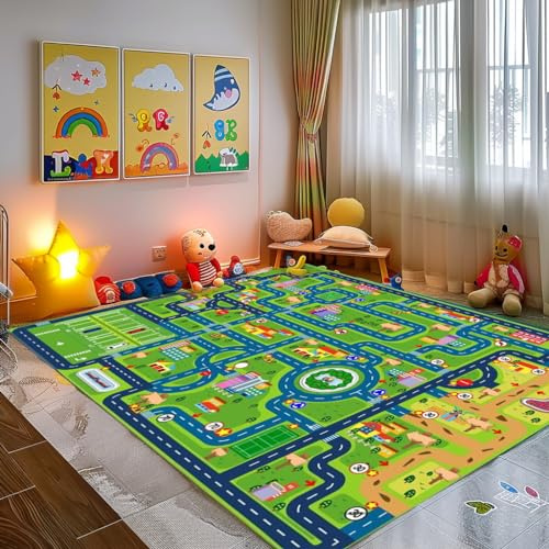 Car Rug Road Rug Kid Play Mat,Playroom Toy Car Mat,Kids Carpet City Map for Bedroom Classroom,Extra Large Thick (59X39.4 Inch)