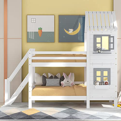 Etagenbett für 2 Kinder, Kinderbett Hausbett 90×200 mit Treppe, Hochbett Doppelbett mit Dach und Fenster, Holzbett Funktionsbett Stockbett Jugendbett mit Rausfallschutz Gitter und Lattenrost, Weiß