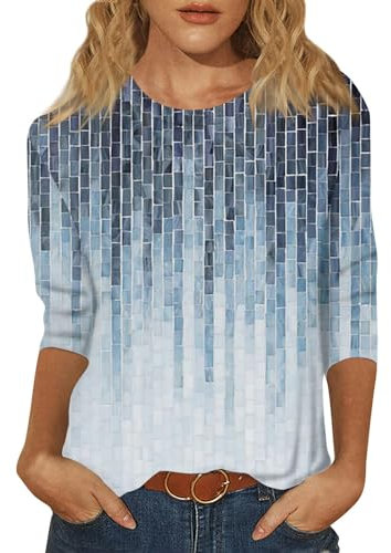 Generic 3/4 Sleeve Tops for Women UK Ladies 3/4 Length Sleeve Tops Casual Summer Round Neck Shirts Print Loose Fit Three Quarter Length Sleeve Blouses 02-Dark Blue L