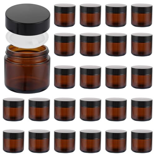 FWEEK Lot de 25 pots en verre ambré - 60 ml - Pot à pommade à remplir - Avec couvercles noirs et couvercles intérieurs - Pour cosmétiques, lotions, crèmes, mini bougies