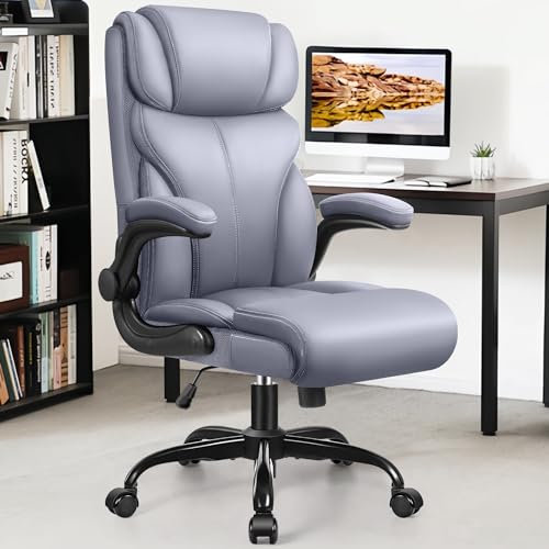 FelixKing Chefsessel, Ergonomischer Bürostuhl, Großer und hoher Computerstuhl, Home Office Stuhl mit klappbaren Armlehnen, PU Kunstleder Drehstuhl mit Wippfunktion(Matte Gray)