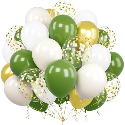Ousuga Palloncini Verdi Bianchi, 60 Pezzi 12 Pollici Palloncini Verde Salvia Bianco Metallizzato Oro Coriandoli Palloncini per Feste Compleanno Matrimonio Anniversario Bambini Baby Shower Decorazioni