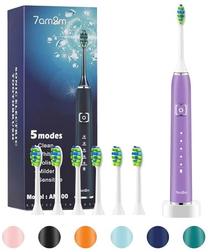 7AM2M Sonic Electric Toothbrush with 6 Brush Heads for Adults and Kids, One Charge for 90 Days, Wireless Fast Charge, 5 Modes with 2 Minutes Build in Smart Timer, Electric Toothbrushes(Purple)