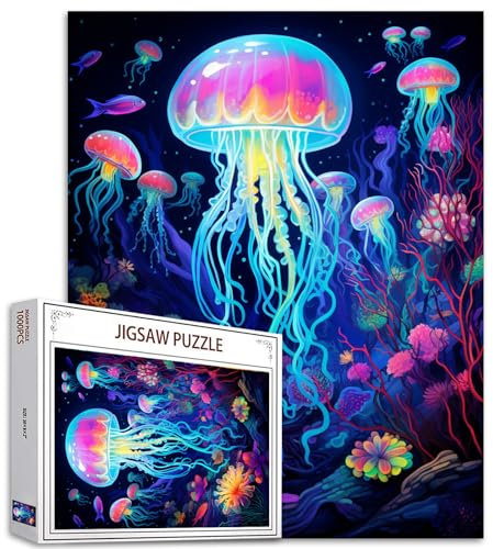 Tucocoo Leuchtende Quallen-Puzzles für Erwachsene, 1000 Teile, Meerestier-Kunst-Puzzle, bunt, DIY-Bastelpuzzles für Heimdekoration, Familienpuzzle, perfekt für Spieleabende, 70 x 50 cm