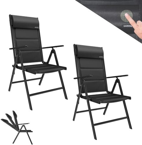 GARMIO® Gartenstuhl Florenz Schwarz, 7-Fach verstellbar, klappbar, inkl. höhenverstellbares Nackenkissen, für Terrasse oder Garten, 2er Set