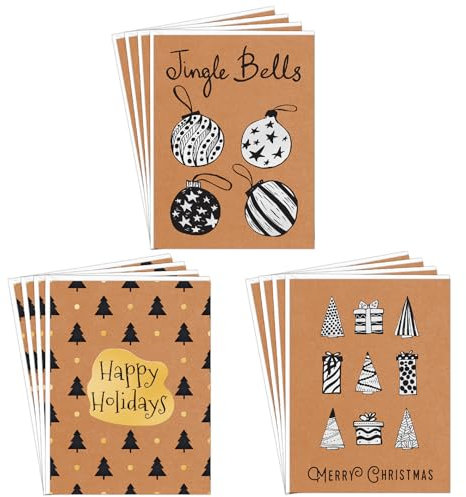 easykart labels 18 Weihnachtskarten mit schwarzer & goldfarbener Folie auf Kraftpapier mit Umschlägen, 14 x 10 cm, Frohe Weihnachtskarten mit Siegelaufklebern für Freunde, Familie und Lieben