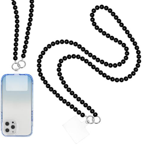 YIZWINS Cordon Telephone Portable, Universelles Chaine Telephone Portable, Bijoux de Telephone Porte Badge Tour de Cou, Perles Noir Chaine de Telephone avec 2 Patchs(Longueur 120cm)