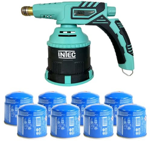 INTEC - Gas-Lötlampe, Gasbrenner, Piezo-Zündung + 8 Gaskartuschen, 190 g, durchführbar