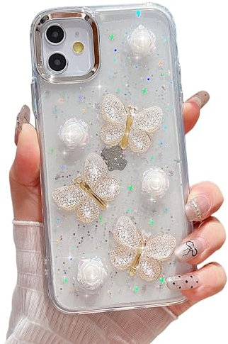 ZTUOK Case for iPhone 15 for Women Girls,Cute 3D Butterfly Floral Design Sparkle Glitter Bling Soft TPU Cover Shockproof Protective Phone Case for iPhone 15-Gold