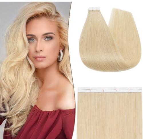 S-noilite Tape Extensions Echthaar 10pcs Extensions Echthaar Bleichblond Tape In Extensions Echthaar Invisible Haarverlängerung Tape 50cm 25g Glatt
