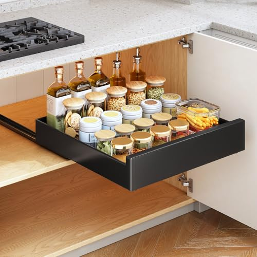 SAYZH Ausziehbarer Schrank-Organizer, robuste ausziehbare Schublade, Aufbewahrungsregale für Küchenschrank, ausziehbare Schublade, 43Tiefe x 47Breite x 9Höhe cm, kein Bohren und Nageln erforderlich