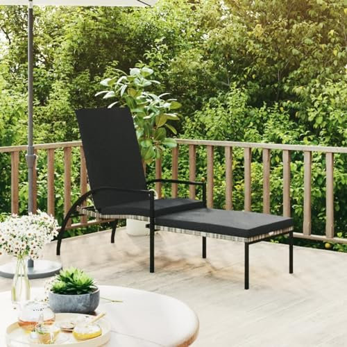 Homgoday Sonnenliege mit Fußstütze aus PE-Rattan, grau, Gartenliege, Liegestuhl, Gartenliege, Sonnenliege für den Garten