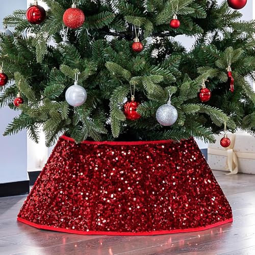 Taylor & Brown Dazzling Sequin Diamond Christmas Tree Skirt Stand Base Xmas Natural Folding Collar Basket Cover Decoration Tidy Home Decor 68 x 25cm (Red)