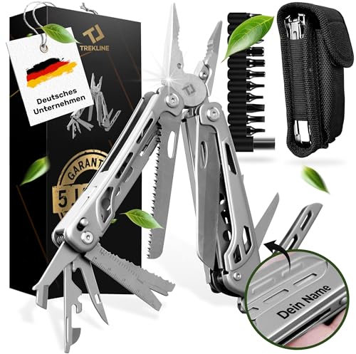TREKLINE Premium Multitool Werkzeug [rostfreier Edelstahl] Survival Multifunktionsmesser perfektes Camping Zubehör, Multifunktionswerkzeug [28 Funktionen] Taschenmesser, Geschütztes Design