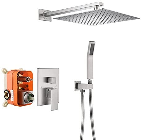 XCHSXYL Dusche, Deckenmontierte Schwarze Messing-Duscharmaturen 8-12 Zoll Regenduschkopf Badezimmer-Umsteller 2- und 3-Wege-Thermostatventil mit Handbrause, Luxus-Duschset, 10-Zoll-Dekoration